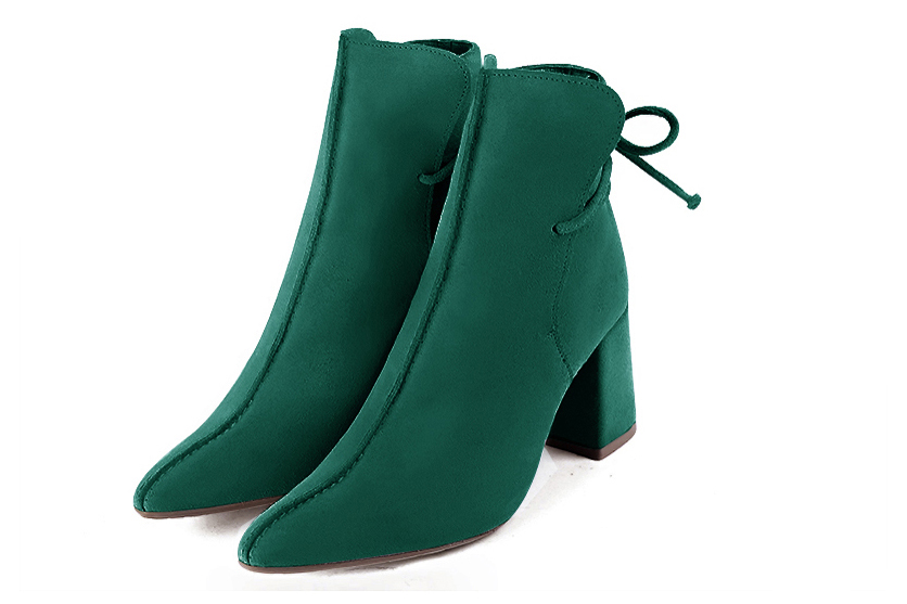 Emerald green women's ankle boots with laces at the back. Tapered toe. High flare heels. Front view - Florence KOOIJMAN